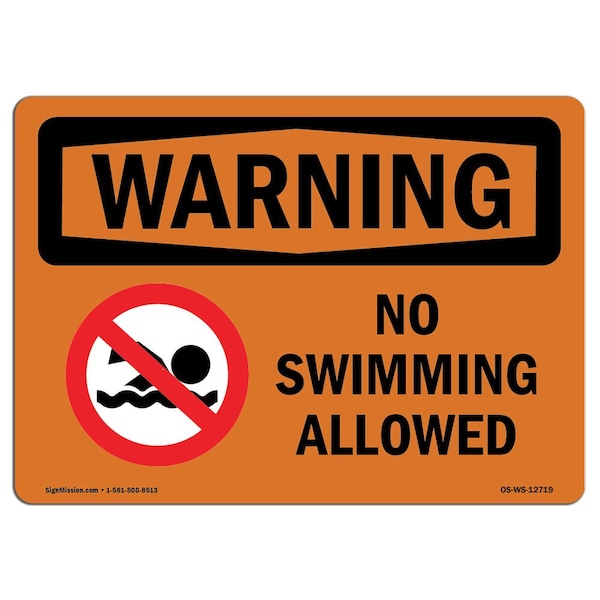 Safety Sign, OSHA WARNING, 7" Height, Aluminum, No Swimming Allowed, Landscape